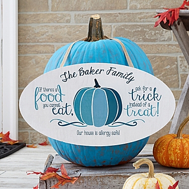 Halloween Teal Pumpkin 15.5-Inch x 8.5-Inch Personalized Oval Wood Sign. View a larger version of this product image.