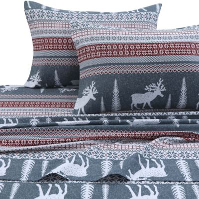 Tribeca Living 170 GSM Winter Reindeer Flannel Queen Sheet Set in Red/Grey