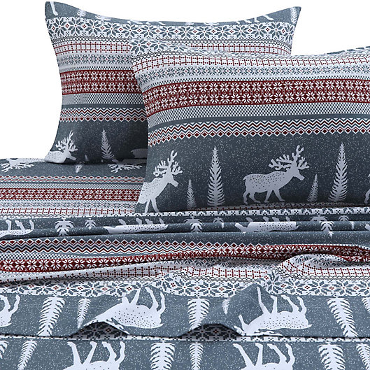 Alternate image 1 for Tribeca Living 170 GSM Winter Reindeer Flannel King Sheet Set in Red/Grey