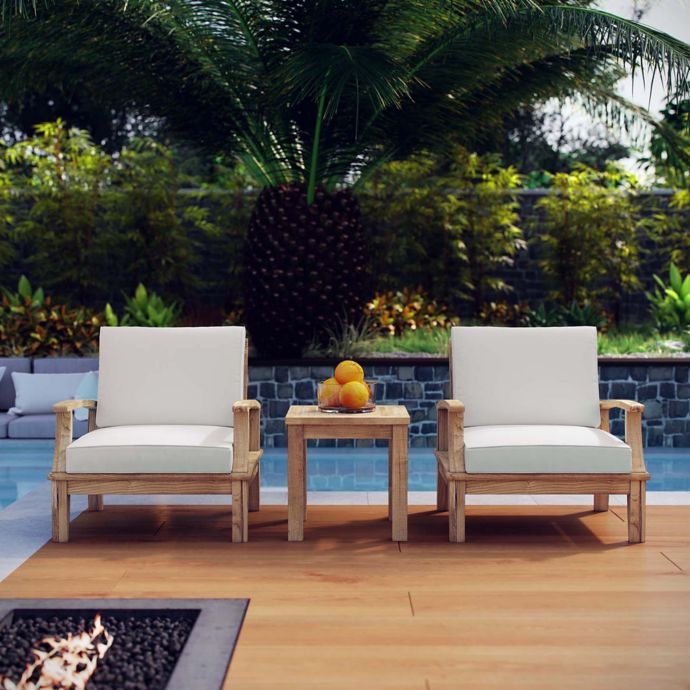 Modway Marina 3Piece Teak Patio Armchair and Side Table Set in Natural