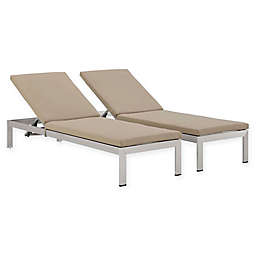 Modway Shore All-Weather Aluminum Chaise in Silver/Beige with Cushions (Set of 2)