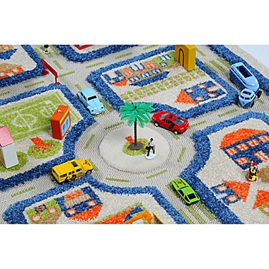 IVI Traffic 2&#39;7" x 3&#39;8" 3-Dimensional Play Rug in Blue. View a larger version of this product image.
