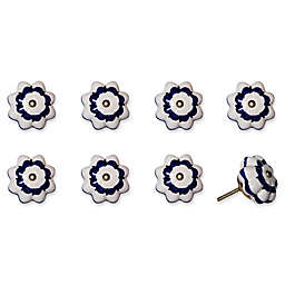 Knob-It Vintage Hand Painted 8-Pack Ceramic Flower Knob Set in White/Blue/Gold
