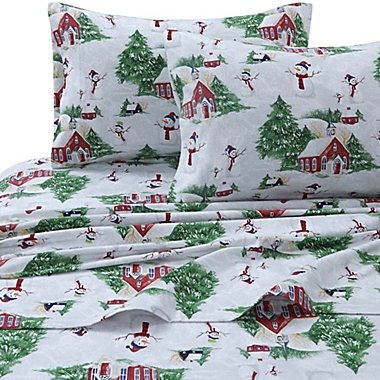 Tribeca Living 170 GSM Snowman Flannel Twin Sheet Set in Red/Green. View a larger version of this product image.