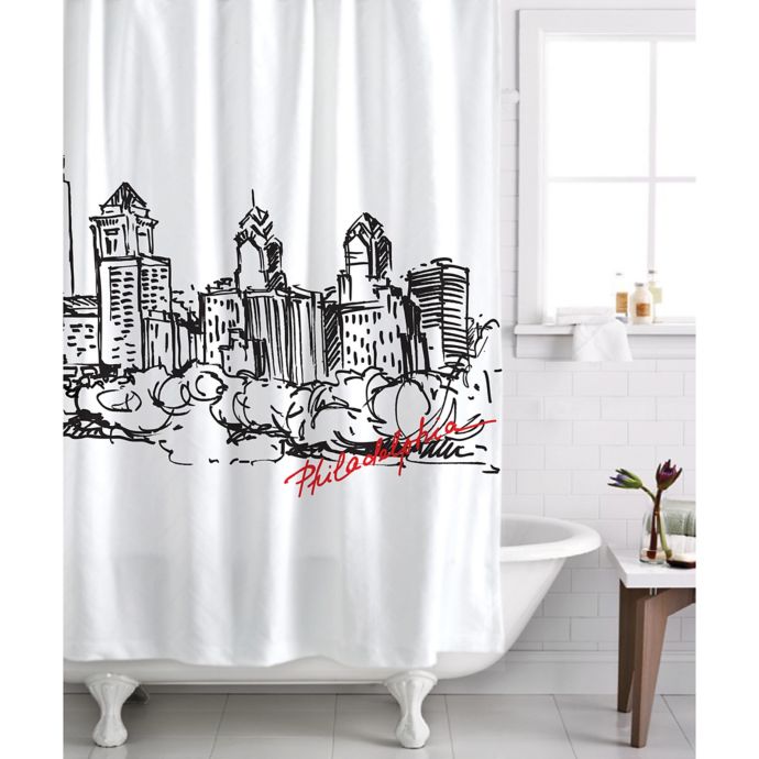 Izola Philadelphia Skyline Shower Curtain In White Black Bed