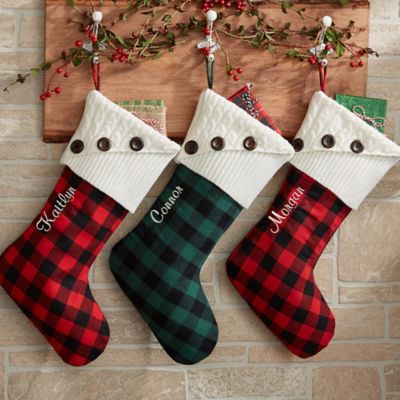 3pcs Stocking Hangers Chandy Red Buffalo Plaid Christmas Stocking Jute Cuff 3pcs Stockings 