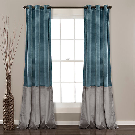 Alternate image 1 for Prima Velvet Color Block Room Darkening Window Curtain Panels  in Slate Blue (Set of 2)