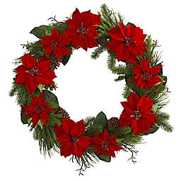 Nearly Natural 36-Inch Poinsetta and Pine Wreath in Red