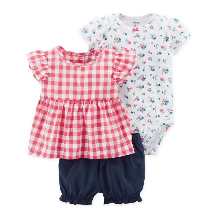 carter's® 3Piece Checkered Floral Bodysuit, Shirt and Short Set in Red/White Bed Bath & Beyond