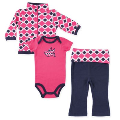 Yoga Sprout 3-Piece Ikat Bird Jacket, Bodysuit, and Pant Set in Pink