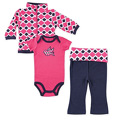 Yoga Sprout Size 18-24M 3-Piece Ikat Bird Jacket, Bodysuit, and Pant Set in Pink. View a larger version of this product image.