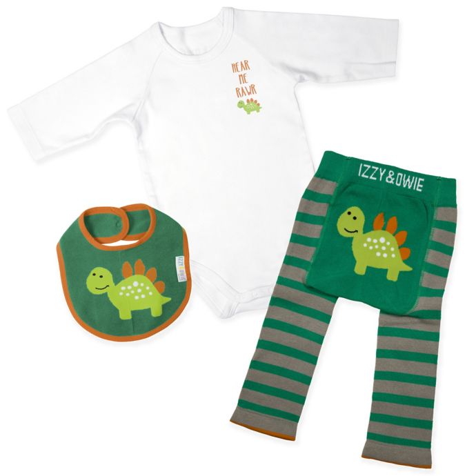Izzy & Owie 3Piece Dino Long Sleeve Bodysuit, Legging and Bib Set in Green Bed Bath & Beyond