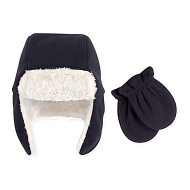 Hudson Baby Size 0-6M 2-Piece Trapper Hat and Mitten Set in Navy. View a larger version of this product image.