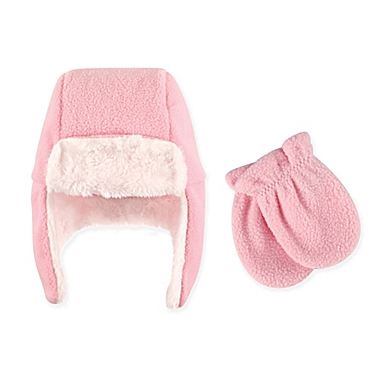 Hudson Baby Size 0-6M 2-Piece Trapper Hat and Mitten Set in Light Pink. View a larger version of this product image.