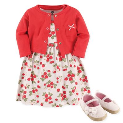 Hudson Baby&reg; Size 0-3M 4-Piece Strawberries Dress, Cardigan and Shoe Set in Red
