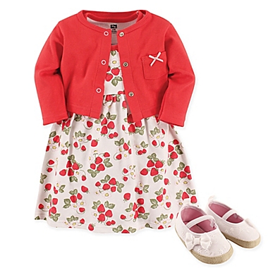 Hudson Baby&reg; Size 9-12M 4-Piece Strawberries Dress, Cardigan and Shoe Set in Red. View a larger version of this product image.