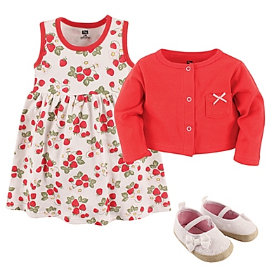 Hudson Baby&reg; Size 0-3M 4-Piece Strawberries Dress, Cardigan and Shoe Set in Red. View a larger version of this product image.