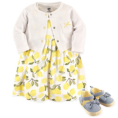Hudson Baby&reg; Size 3-6M 4-Piece Lemons Dress, Cardigan and Shoe Set in Yellow. View a larger version of this product image.
