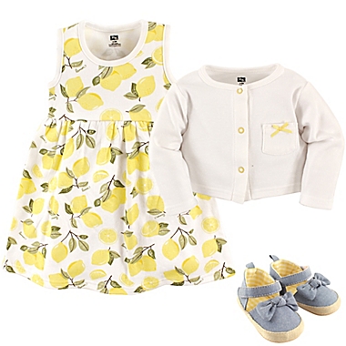 Hudson Baby&reg; Size 6-9M 4-Piece Lemons Dress, Cardigan and Shoe Set in Yellow. View a larger version of this product image.