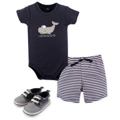 Hudson Baby&reg; 4-Piece Whale Bodysuit, Short, and Shoe Set in Blue