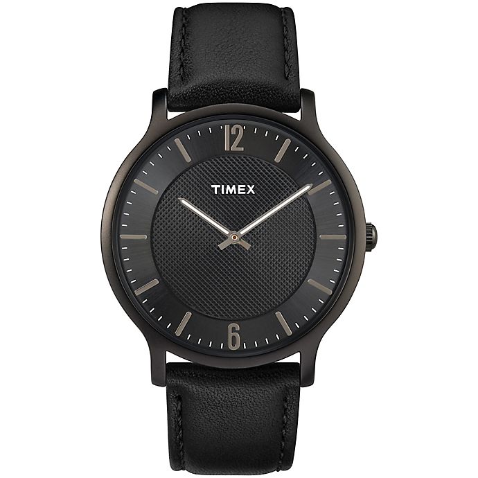 Timex® Metropolitan Skyline Men's 40mm Watch in Black Ion-Plated with Black Leather Strap | Bed