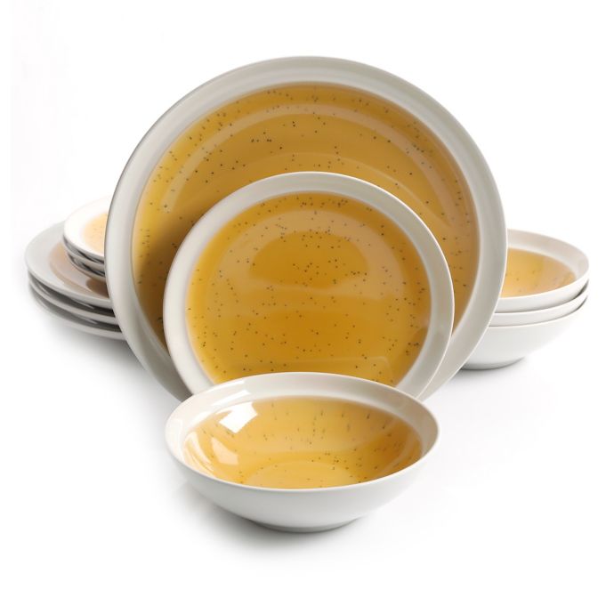 Gibson Elite Clementine 12Piece Dinnerware Set in Amber/White Bed