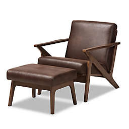 Baxton Studio Bianca 2-Piece Distressed Faux Leather Chair & Ottoman Set in Walnut/Dark Brown