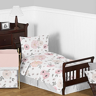 Sweet Jojo Designs Watercolor Floral 5-Piece Toddler Bedding Set in Pink/Grey. View a larger version of this product image.