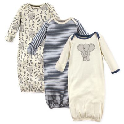 Touched by Nature Size 0-6M 3-Pack Organic Cotton Elephant Gowns in Grey/White