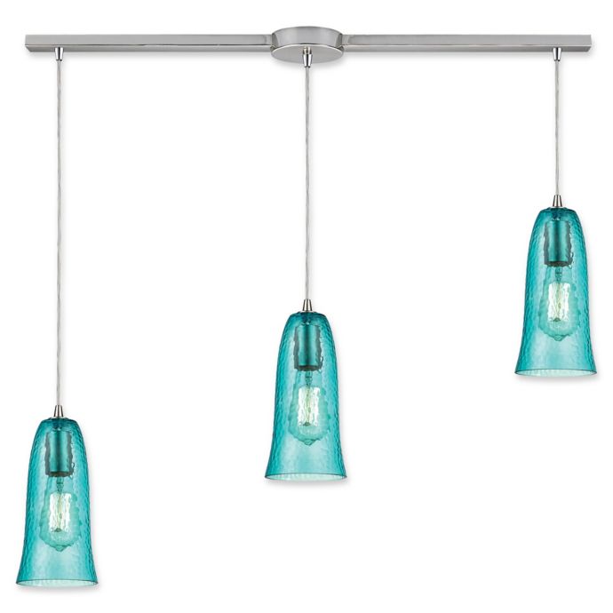 Hammered Glass Pendant Light elk lighting hammered glass 3 light pendant in satin nickel with teal shades