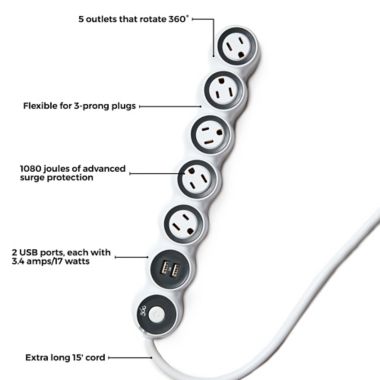 360 Electrical&reg; PowerCurve 3.4 Surge Protector with 5 Rotating Outlets and 2 USB Ports in White. View a larger version of this product image.