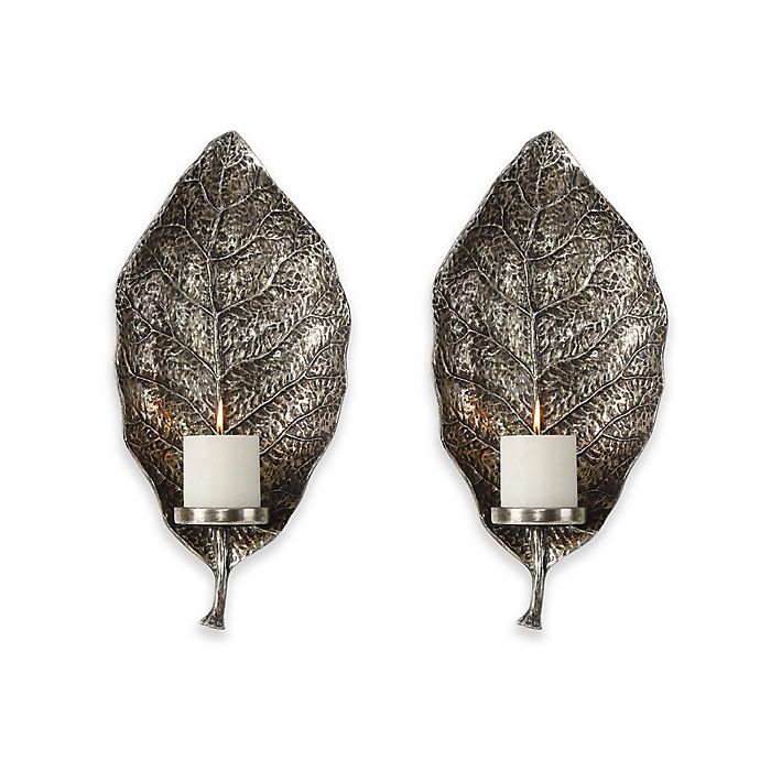 Uttermost 1 Light Poly Resin Zelkova Leaf Wall Sconce Candle Holders In Silver Set Of 2 Bed Bath Beyond - Candle Holder Wall Sconce Set