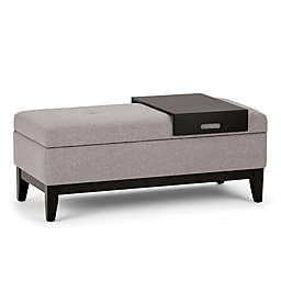 Simpli Home Oregon Linen Look Fabric Storage Ottoman Bench with Tray in Cloud Grey