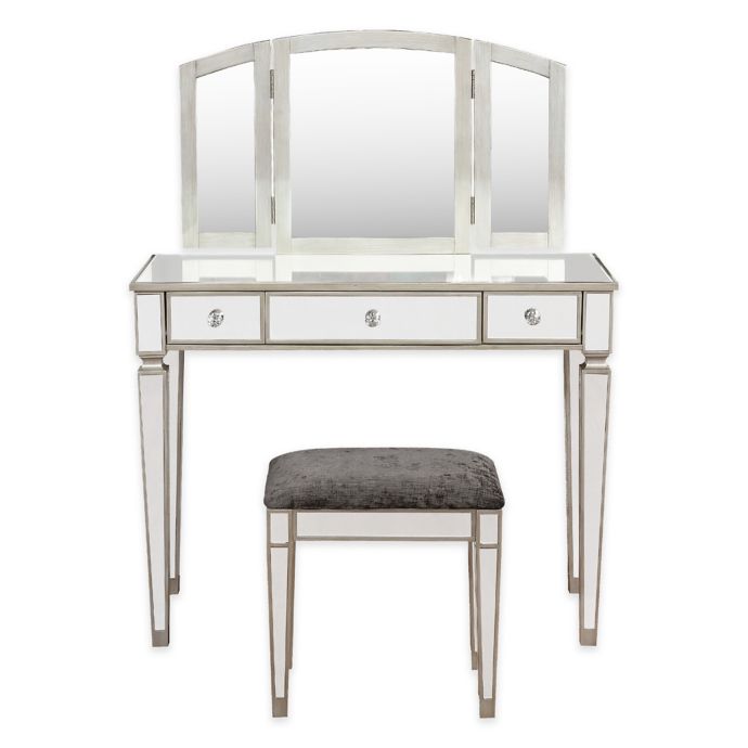 Linon Home Mirrored Vanity Table And Bench Set In Silver Bed