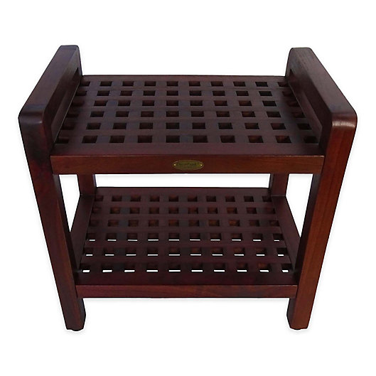 Alternate image 1 for DecoTeak® Lattice 20-Inch Teak Shower Bench with Shelf and Arms in Brown