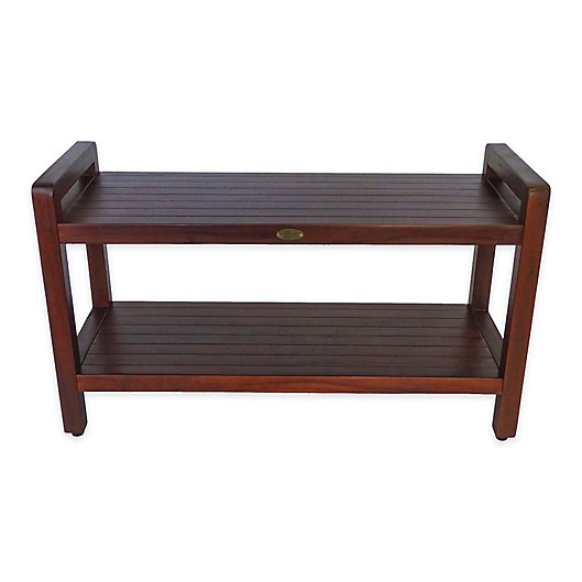 Alternate image 1 for EcoDecors™ Classic Extended 35-Inch Teak Shower Bench with Shelf and Arms in Natural