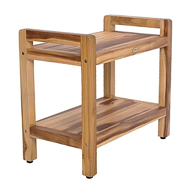 EcoDecors&trade; Classic 24-Inch Teak Shower Bench with Shelf and Arms in Natural. View a larger version of this product image.