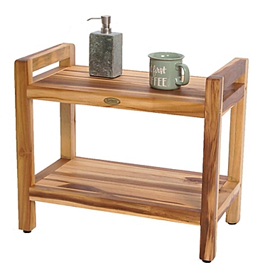 EcoDecors&trade; Classic 24-Inch Teak Shower Bench with Shelf and Arms in Natural. View a larger version of this product image.