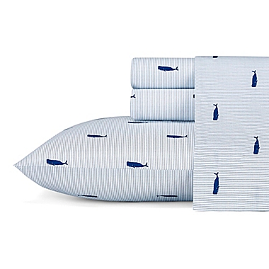 Nautica&reg; Whale Print Striped Full Sheet Set in Blue. View a larger version of this product image.