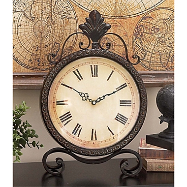 Ridge Road D&eacute;cor Wrought Iron Analog Table Clock in Bronze. View a larger version of this product image.