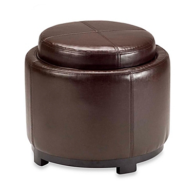 Safavieh Hudson Leather Chelsea Round Tray Ottoman in Brown. View a larger version of this product image.