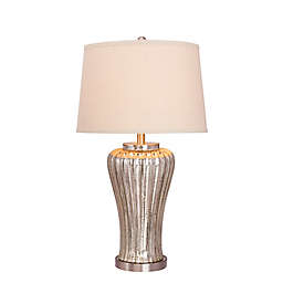 Fangio Lighting Cory Martin Mercury Glass Table Lamp in Brushed Steel with Linen Drum Shade