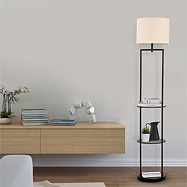 Catalina Lighting Ronita Etagere Floor Lamp in Matte Black with Beige Linen Shade. View a larger version of this product image.