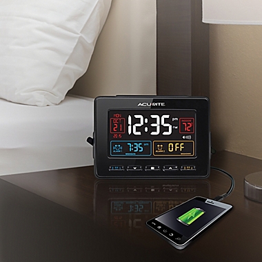 AcuRite&reg; Atomic Dual Alarm Clock with Indoor Temperature in Black. View a larger version of this product image.
