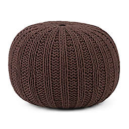 Simpli Home Shelby Cotton Hand Knit Round Pouf in Chocolate Brown