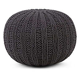 Simpli Home Shelby Cotton Hand Knit Round Pouf in Slate Grey