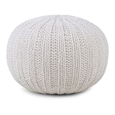 Simpli Home Shelby Cotton Hand Knit Round Pouf in Cream