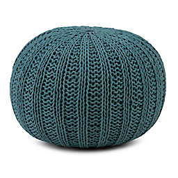 Simpli Home Shelby Cotton Hand Knit Round Pouf in Teal