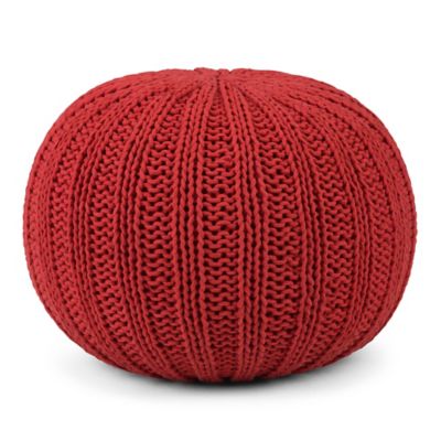 Simpli Home Shelby Cotton Hand Knit Round Pouf in Candy Red