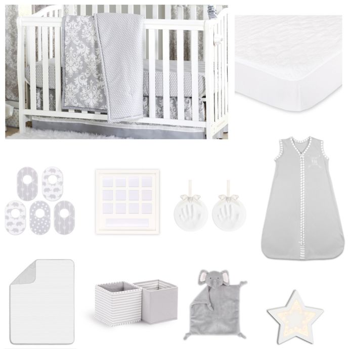 The Peanutshell Damask Dot Crib Bedding Collection In Grey